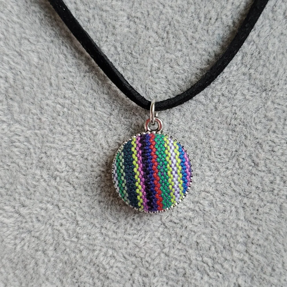 Mens striped fabric charm black suede necklace